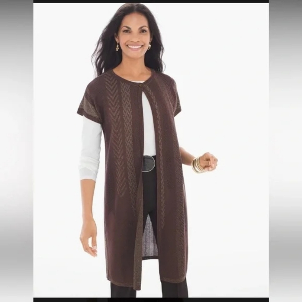 New Chico’s Subtle Stripe Kassie Duster Vest Brown Metallic Size 2 (Large/12)